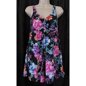 Paradise Bay Black Pink Purple Floral One Piece Tummy Control Swimsuit Size 12